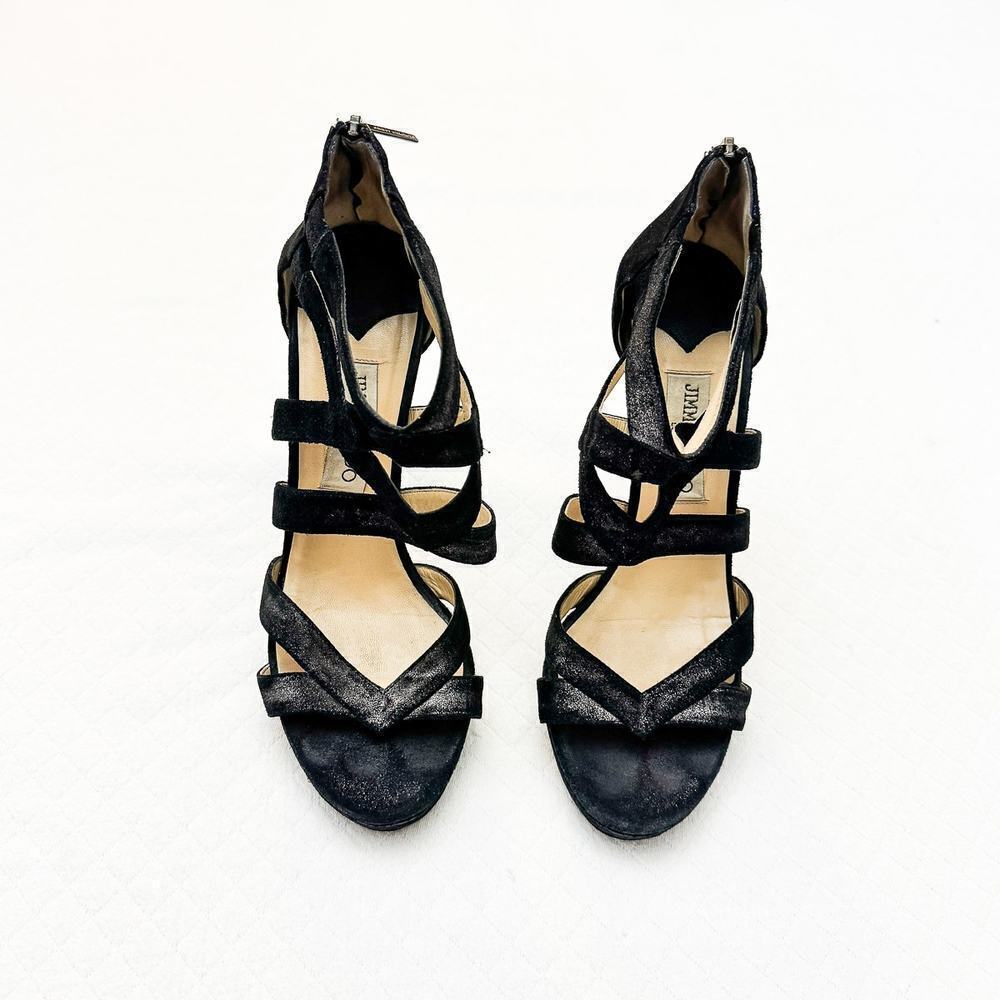 Jimmy Choo Black Suede Strappy Sandals Stiletto Heel Metallic Black Size 39 US 9